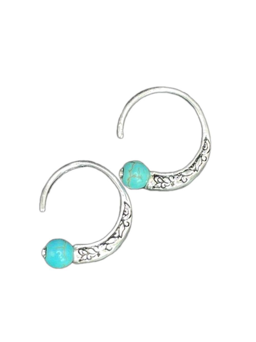 Medium Silver Tone Feather Spiral Earrings in Turquoise Blue #1349